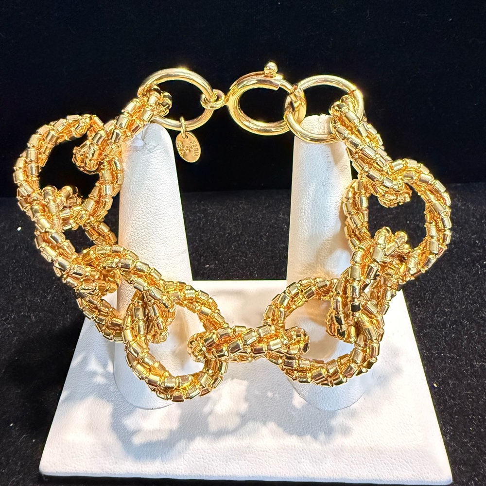 Vintage Signed Erwin Pearl Gold Tone Heavy Link Beaded Statement Bracelet